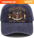 USA 250th Anniversary Hat, Semiquincentennial 1776–2026 Cap, Patriotic Eagle Baseball Hat, Vintage Washed Denim Cap, American He