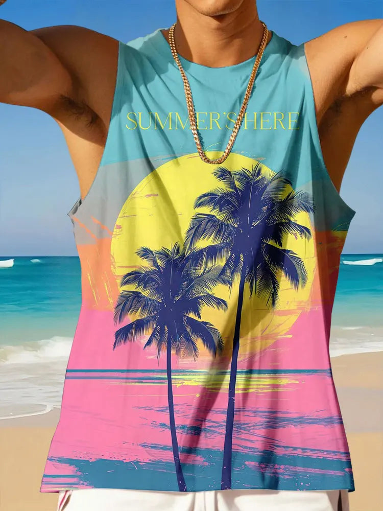 Summer Casual Everyday Sleeveless Top For Men Men's Crew Neck Tank Top With Hawaiian Print Men's Outdoor Beach Fashion Tank Top