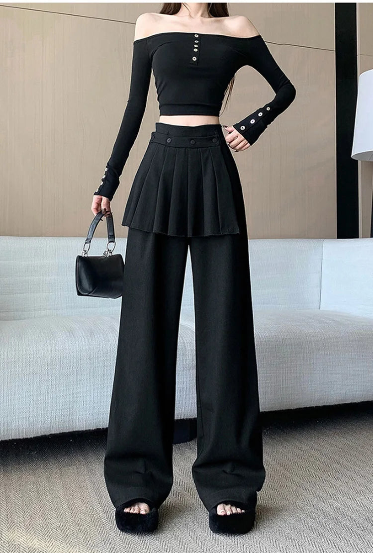 Suit wide leg pants skirt women's autumn design sense fake two piece pleated skirts high waisted loose floor length pants