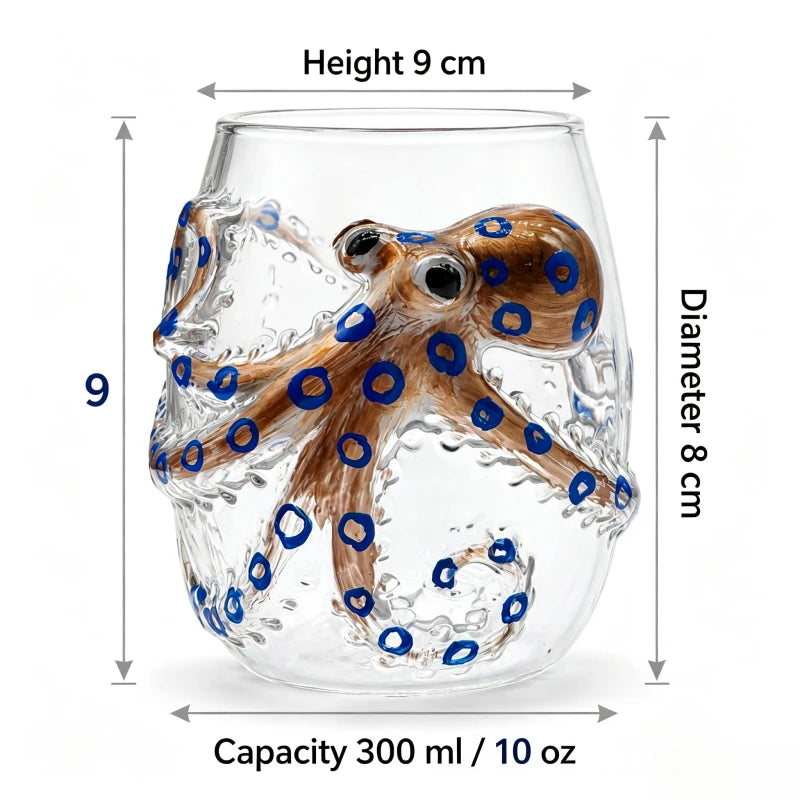 Novelty Octopus Shaped Whiskey Glass Clear Glass Tumbler with Blue Spot Marine Design for Bourbon Cocktail and Gift
