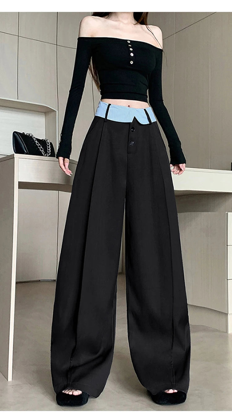 Suit wide leg pants women's autumn and winter striped patchwork high waisted casual fashion versatile straight leg pants