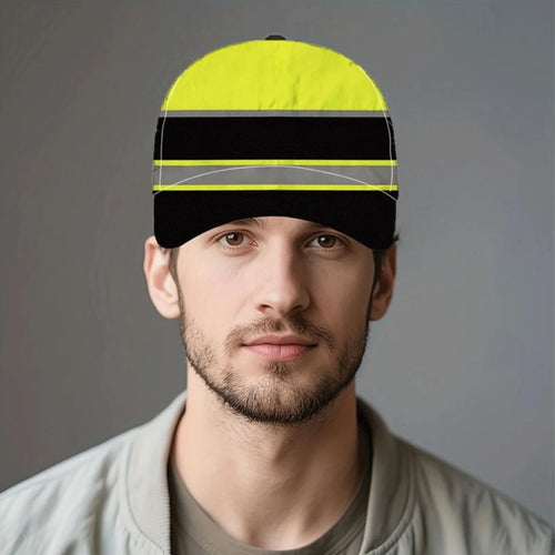 1pc Adjustable Baseball Cap Neon Yellow/Black Retro Full Print Cap with Reflective Stripes - Lightweight Breathable Suitable