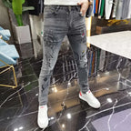 Spring and Autumn 2025 New Men's Jeans Gray Trendy Tiger Head Hot Diamond Printing Slim-fit Small Feet Trousers Men's Clothing