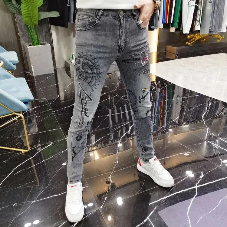 Spring and Autumn 2025 New Men's Jeans Gray Trendy Tiger Head Hot Diamond Printing Slim-fit Small Feet Trousers Men's Clothing