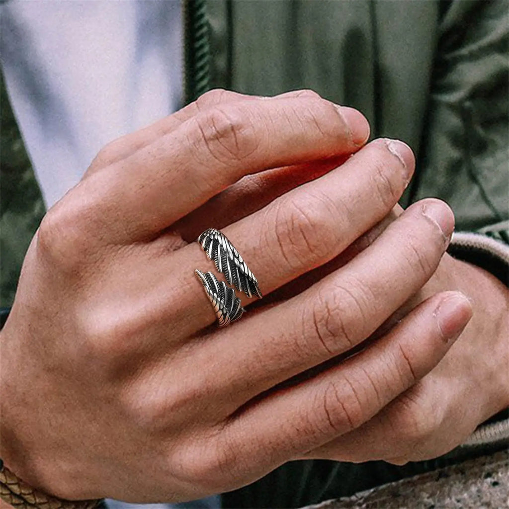 Angel's Wing Feather Ring for Men Boys, Metal Opening Ring Adjustable Ring,Rock Punk Jewelry Anniversary Birthday Gifts