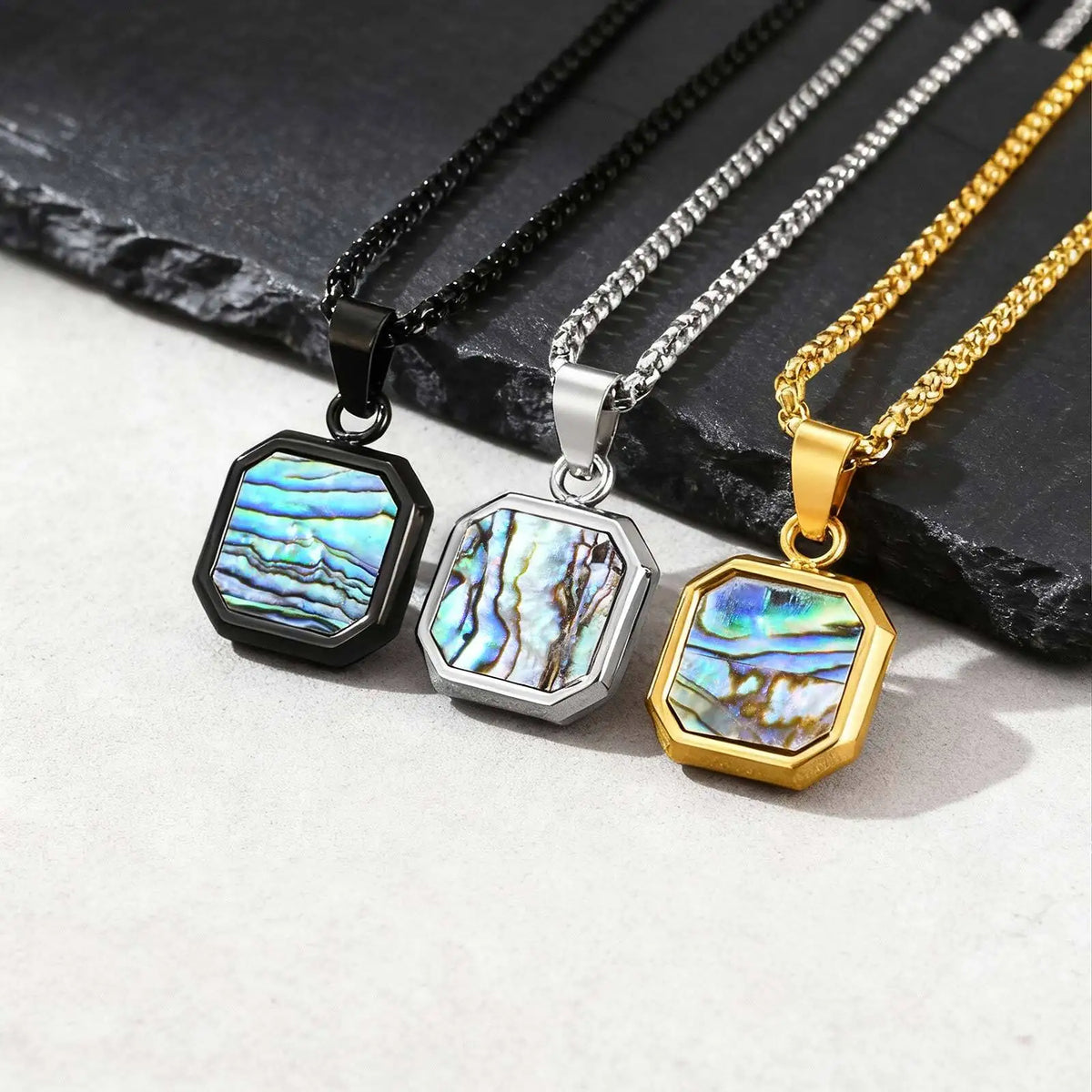 Trendy Men's Necklace,Square Abalone Shell Stainless Steel Necklace,Birthday Party Father Jewelry Gift