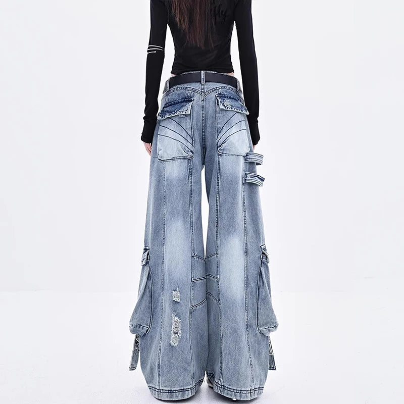 Female Trendy Loose Straight Wide Leg Denim Pants American Style High Street Three-dimensional With ribbons Design Pants