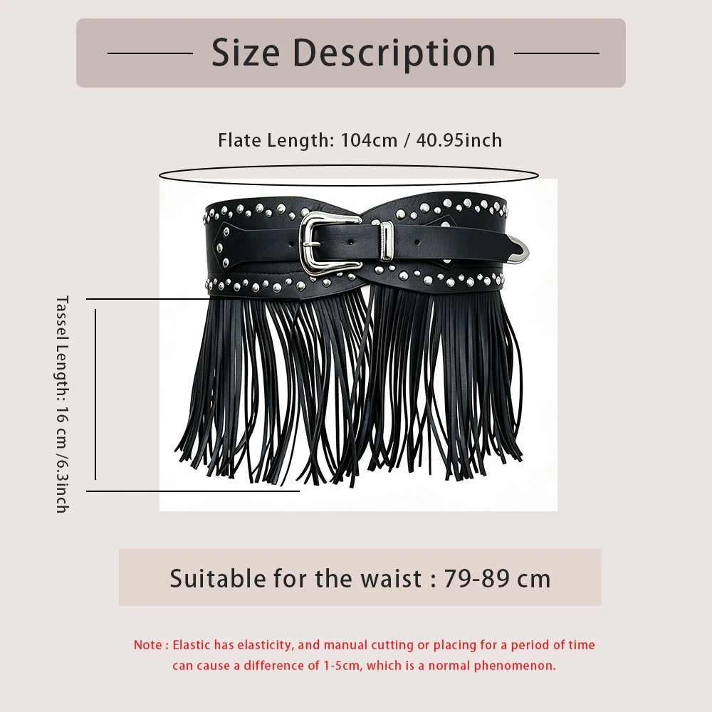 Vintage Punk Style Long Tassel Gothic Design PU Leather Belts For Woman Y2K Harajuku Personality Street Spice Girl Wide Belt