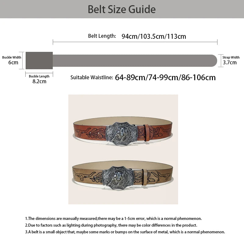 PENDRA Miraelle Leather Bull Buckle Western Engraved Belt