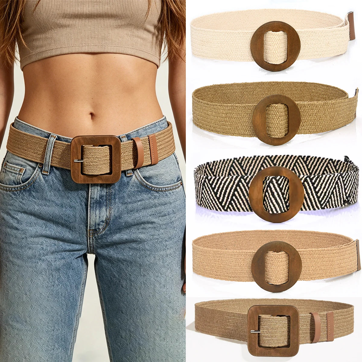 PENDRA Mirayne Straw Wooden Buckle Boho Belt