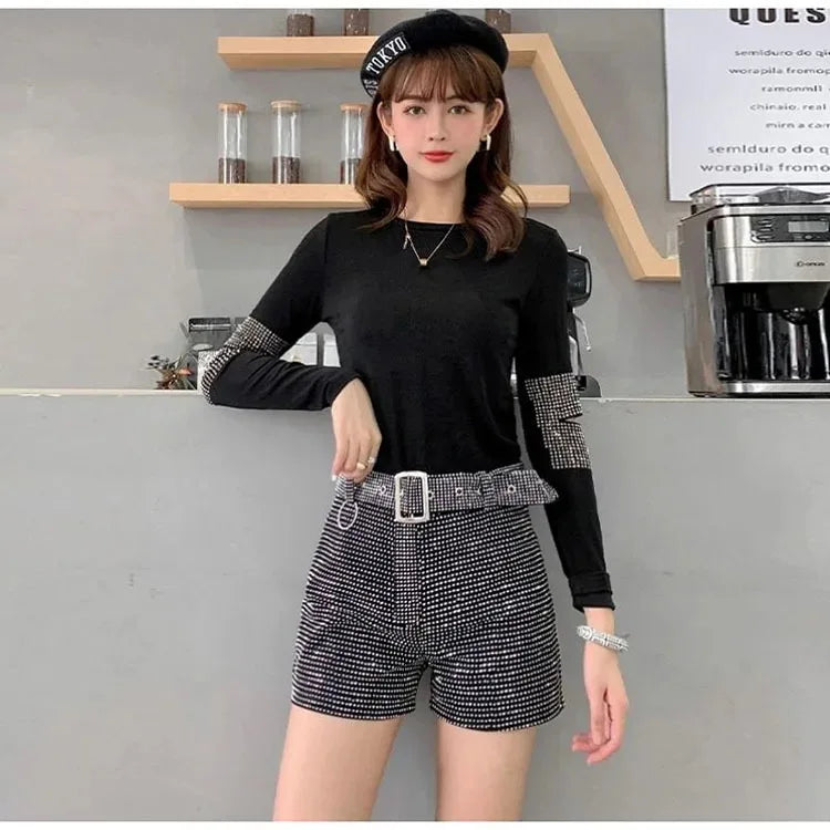 Rhinestone Shorts Women Wide Leg Shorts High Waist Sexy New Fashion Elastic Waist Diamond Casual Hot Pants Female belt