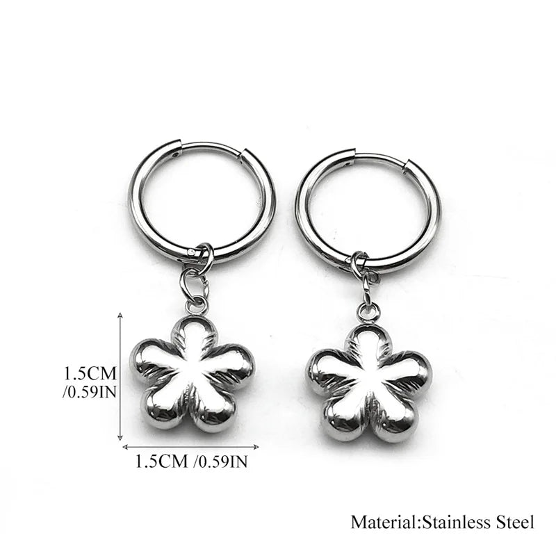 Stainless Steel Y2K Plum Blossom Hoop Earrings for Women Silver Color Aesthetics Flower Hip Hop Earring Jewelry EZZZ796-3S06