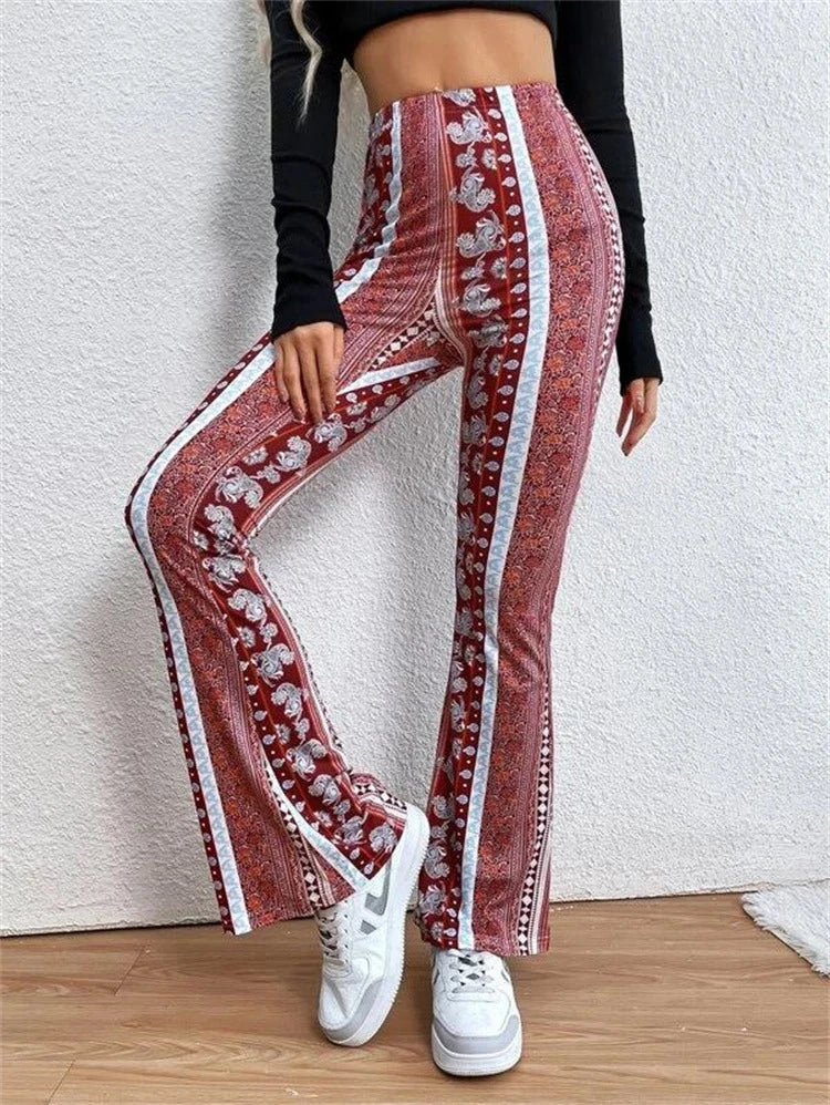 Vintage Boho Spring Floral Print Casual Pants Fashion new high elasticity tight fitting micro flared Yoga Joggers pants