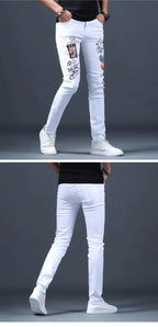 Spring Summer White Hot Drill Ripped Cowboy Korean Style Streetwear Men Washed Luxury Holes Slim Hip-hop Stylish Jeans Trousers