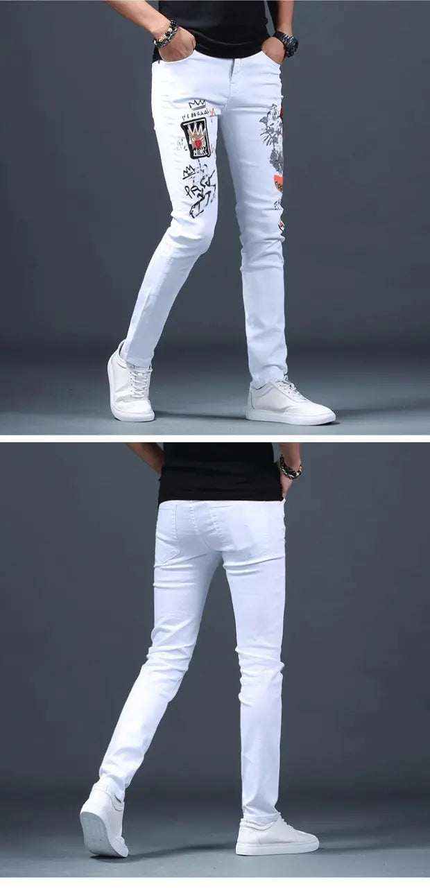 Spring Summer White Hot Drill Ripped Cowboy Korean Style Streetwear Men Washed Luxury Holes Slim Hip-hop Stylish Jeans Trousers