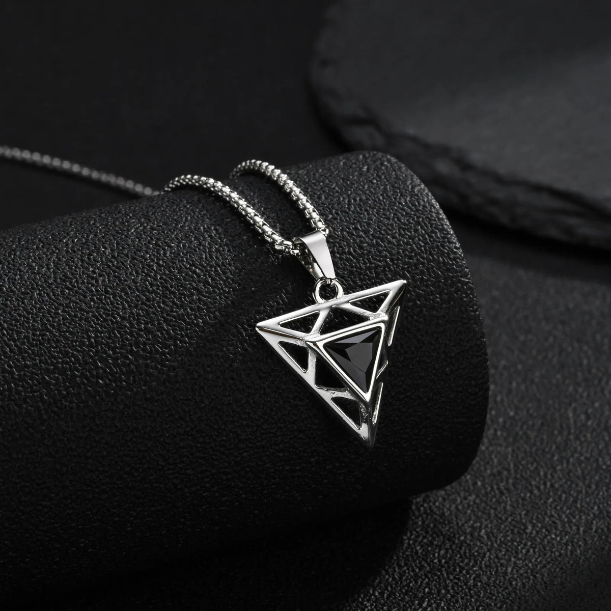 Black Triangle Stone Pendant Necklace for Men,Stainless Steel Hollow Geometric Pendant Necklace,Gothic Punk Hip Hop Jewelry Gift