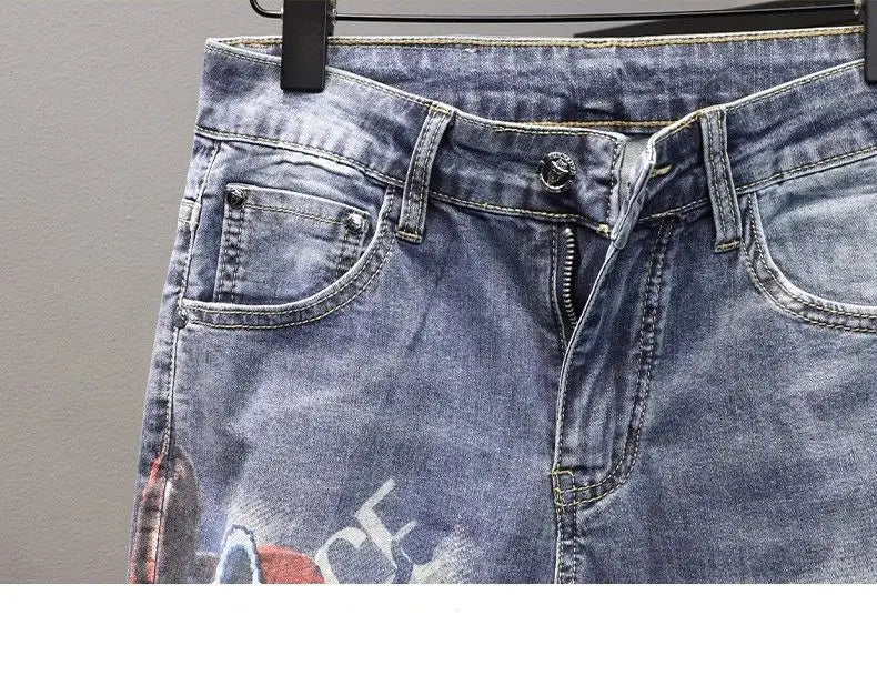 Spring and Autumn 2025 Elastic Slim Small Foot Jeans Men's Korean Trendy Versatile Luxury Clothing Trendy Graffiti Printed Pants