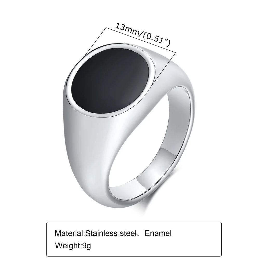 Stylish 13mm Signet Rings for Men, Waterproof Stainless Steel Finger Band with Black Enamel Male Rock Punk Ring Jewelry