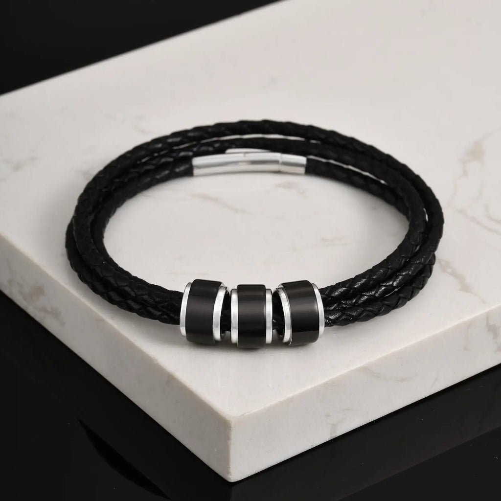 Customized Baeded Bracelets for Men Boys,3-Layers Leather Bracelet with Stainless Steel Tube,Jeweley Gift for Dad Husband