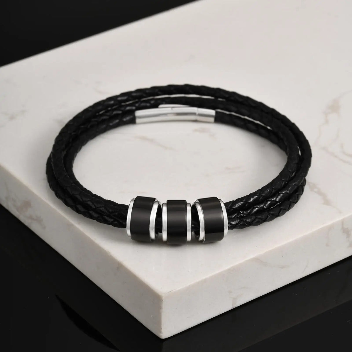 Customized Baeded Bracelets for Men Boys,3-Layers Leather Bracelet with Stainless Steel Tube,Jeweley Gift for Dad Husband
