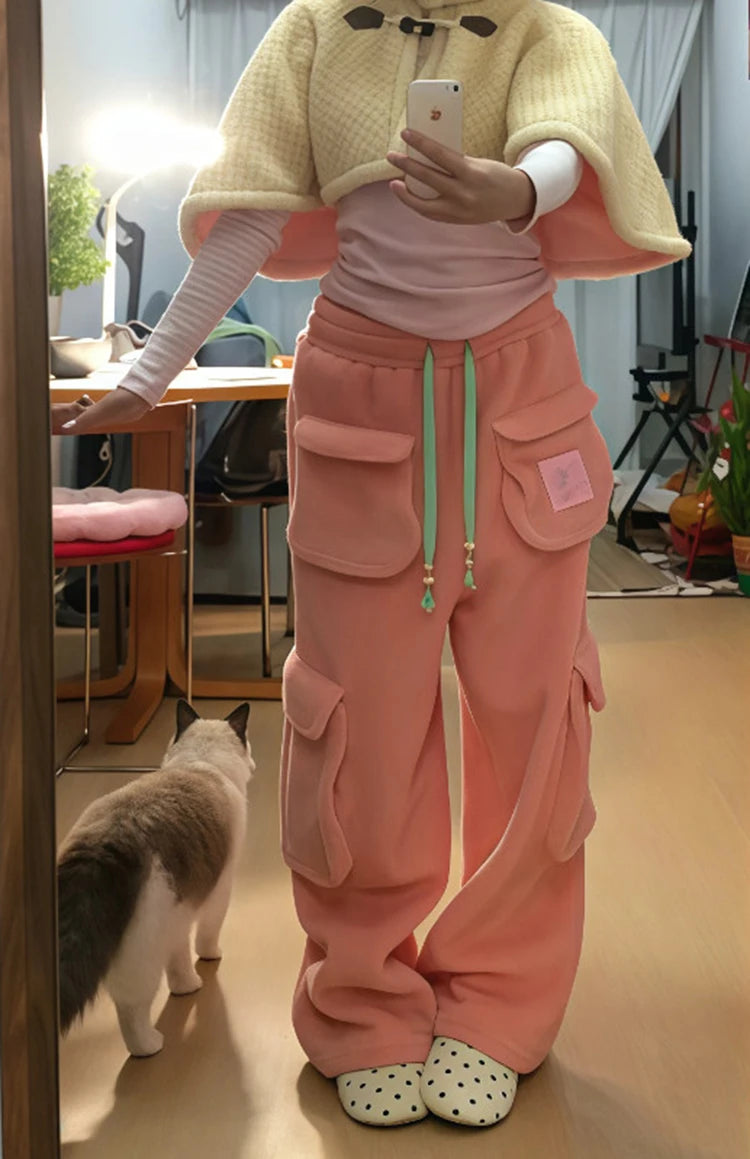 American style retro thick casual cargo pants women in winter new lamb wool loose fit fashion versatile wide leg pants