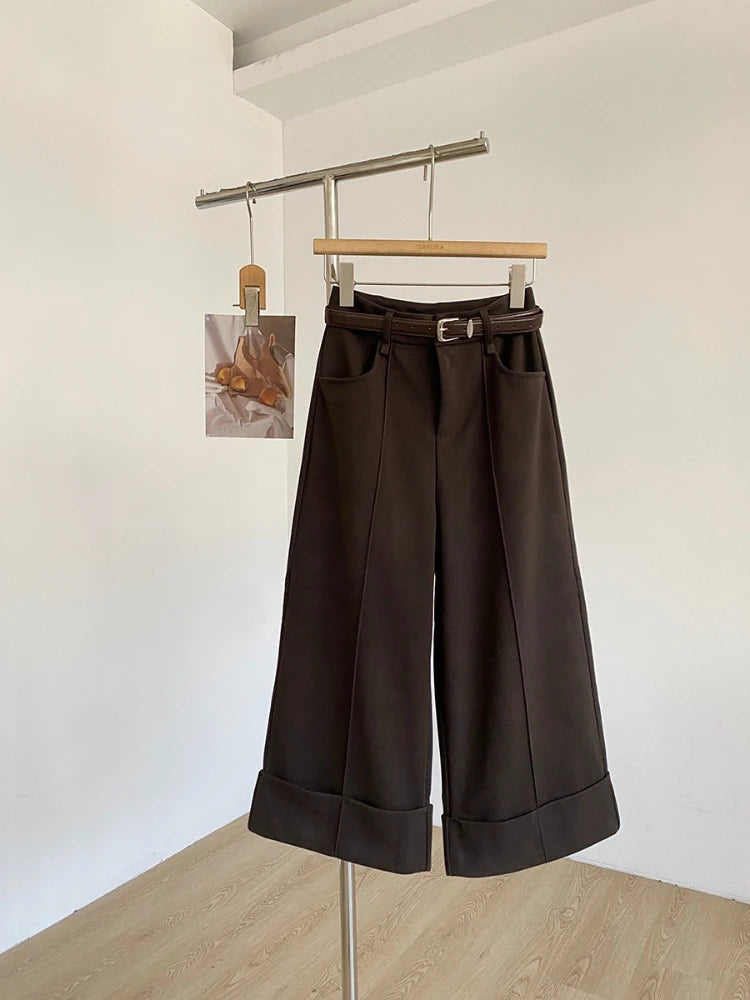Retro design with rolled edge high waist casual pants 2025 autumn new slim fit and versatile wide leg pants for women