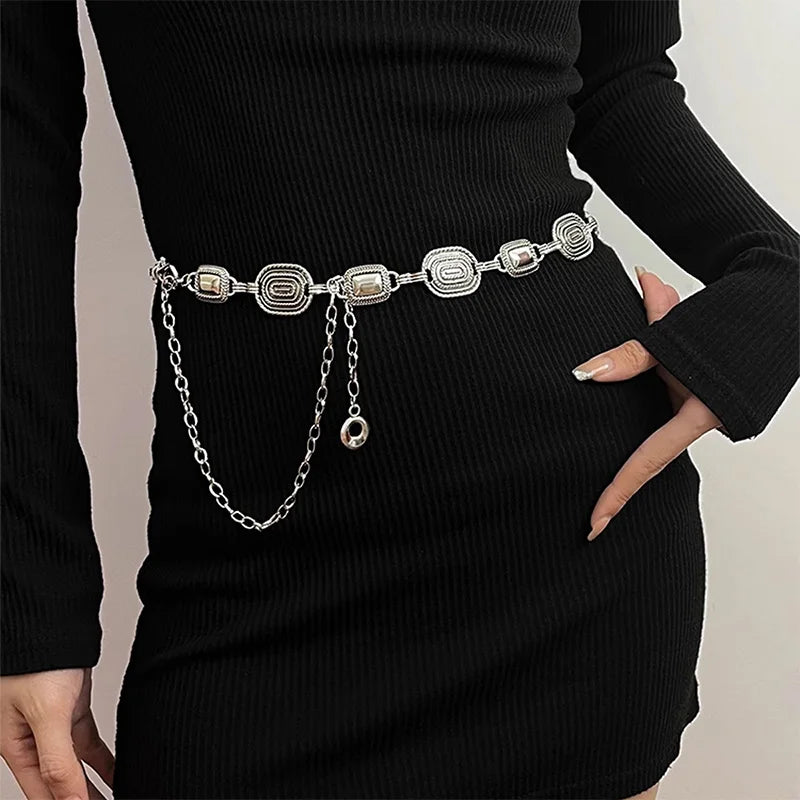 Silver Retro Waist Chain Accessory Metal Chain Belt Women's New Summer Versatile Match Skirts Pants Thin Leather Belt Trendy