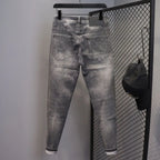 Spring and Autumn 2025 New Men's Jeans Gray Trendy Tiger Head Hot Diamond Printing Slim-fit Small Feet Trousers Men's Clothing