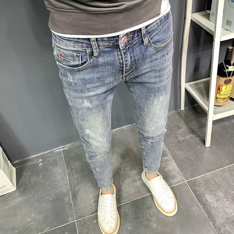 Summer light color jeans men's retro fashion brand embroidery slim fit small feet Korean fashion casual thin nine point pants