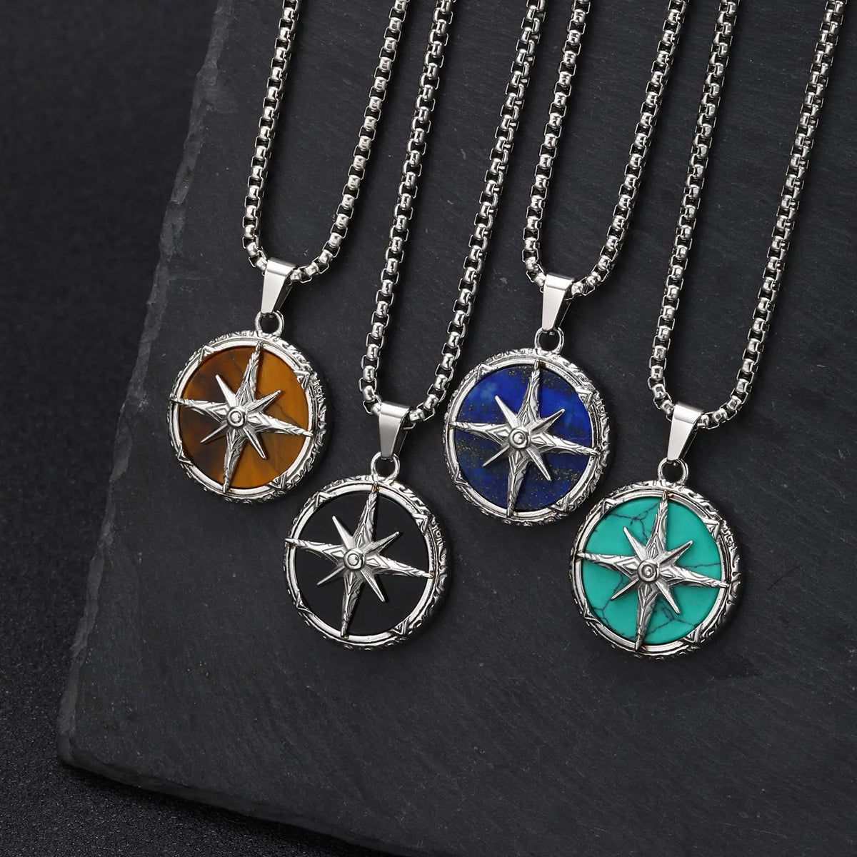 Stylish Natural Stone Necklace for Men,Eight-pointed Star Round Pendant Necklace,Cool Punk Birthday Father Gifts