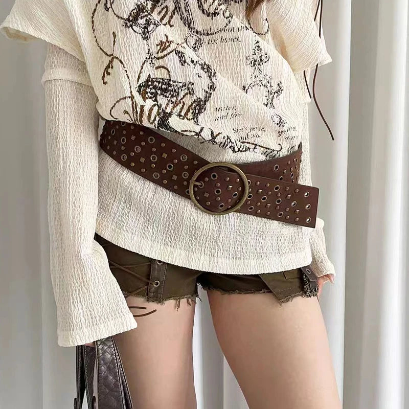 Vintage PU Leather Rivet Pin Buckle Belt Women Western Cowgirl Punk Wide Waistband for Dress Skirts Jeans Clothes Accessories