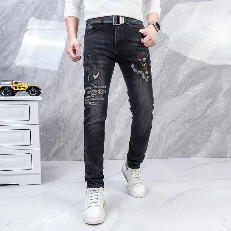 Original Brand Men's Clothing Autumn and Winter New Trend Letter Embroidered Jeans Men's Slim Fashion Korean Elastic Trousers