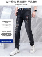 Original Brand Men's Clothing Autumn and Winter New Trend Letter Embroidered Jeans Men's Slim Fashion Korean Elastic Trousers