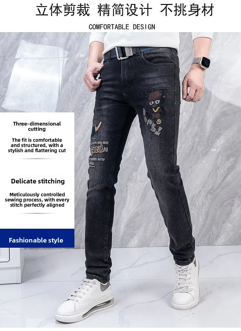 Original Brand Men's Clothing Autumn and Winter New Trend Letter Embroidered Jeans Men's Slim Fashion Korean Elastic Trousers