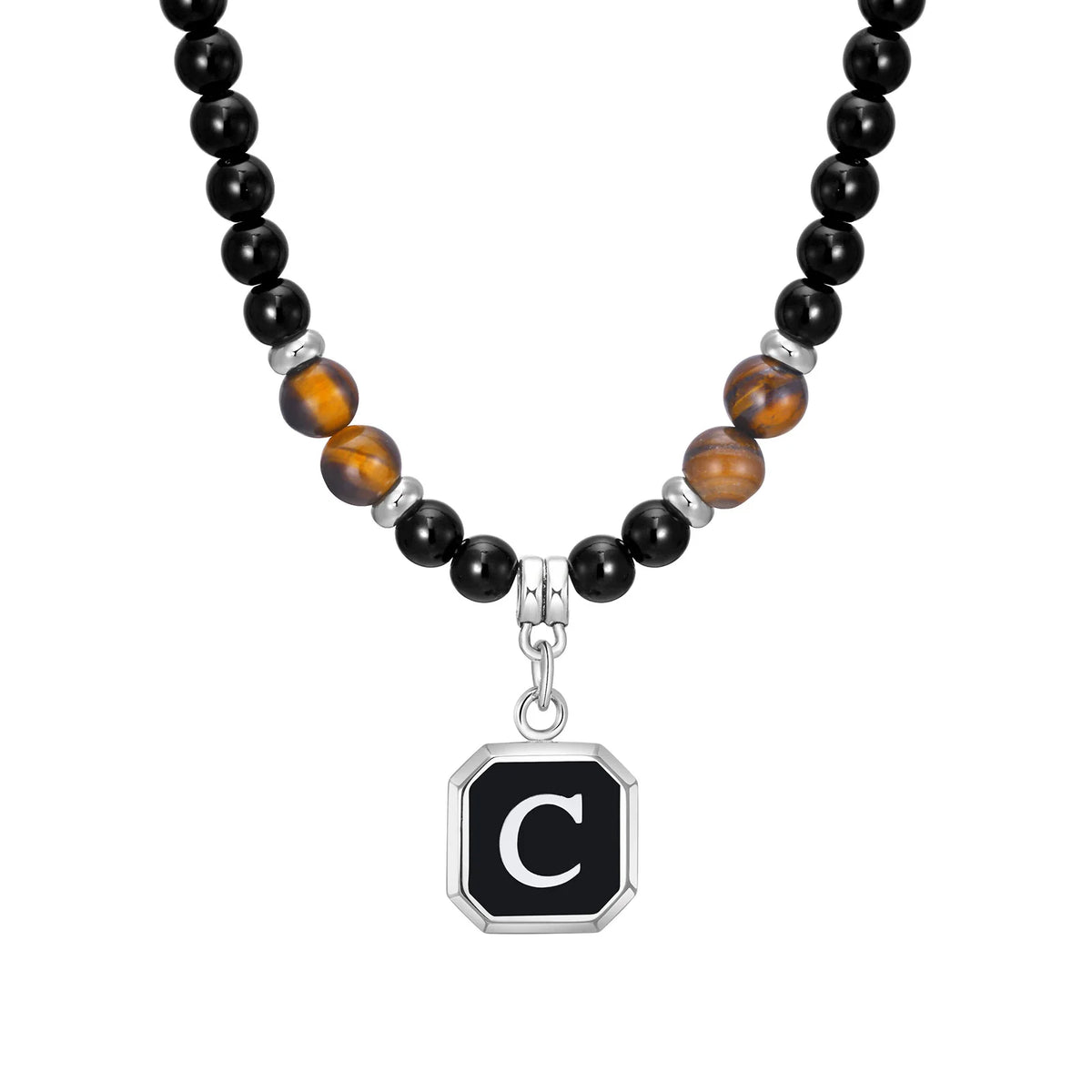 Initials Beaded Necklaces for Men Boys,Tiger Eye Alphabet A-Z 26 Letters Pendant Necklace,Stylish Jewelry Gift