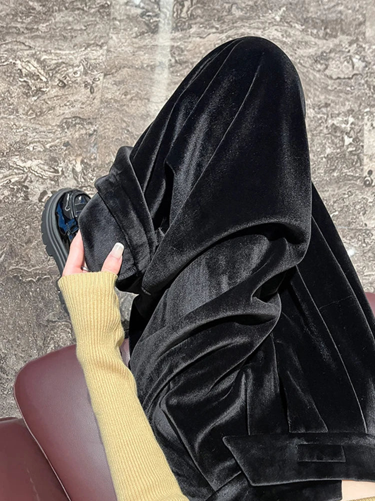 Black Gold Velvet Wide Leg Pants Women Winter Velvet High Waist Drop Feel Straight Tube Versatile Casual Floor Pants