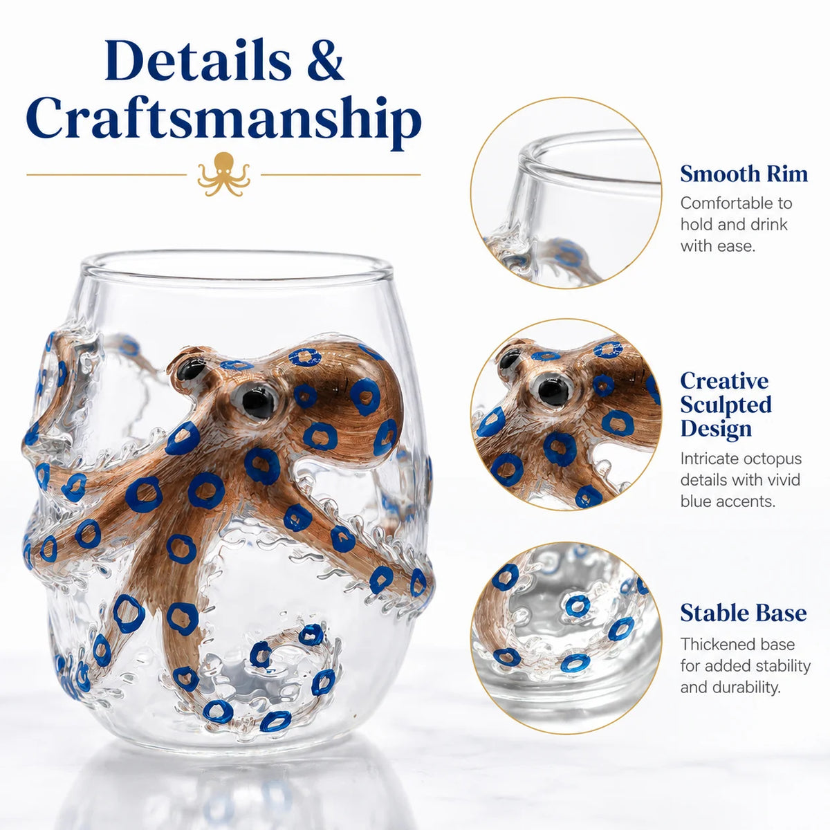 Novelty Octopus Shaped Whiskey Glass Clear Glass Tumbler with Blue Spot Marine Design for Bourbon Cocktail and Gift