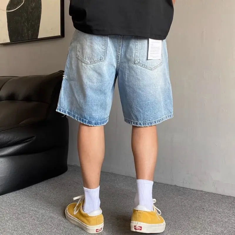 Fashion 2026 New Retro Personalized Ripped Denim Shorts Men's Summer Trendy Brand Ruffian Handsome Straight Baggy Medium Pants