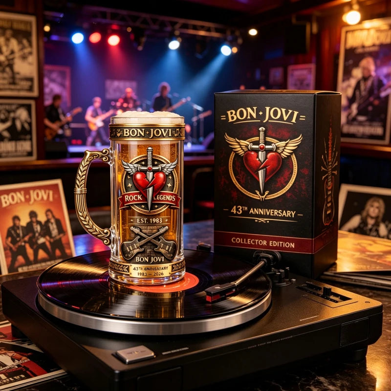 Bon Jovi Rock Legend Themed Beer Mug, Vintage Embossed Metal Handle Large Capacity Draft Beer Mug