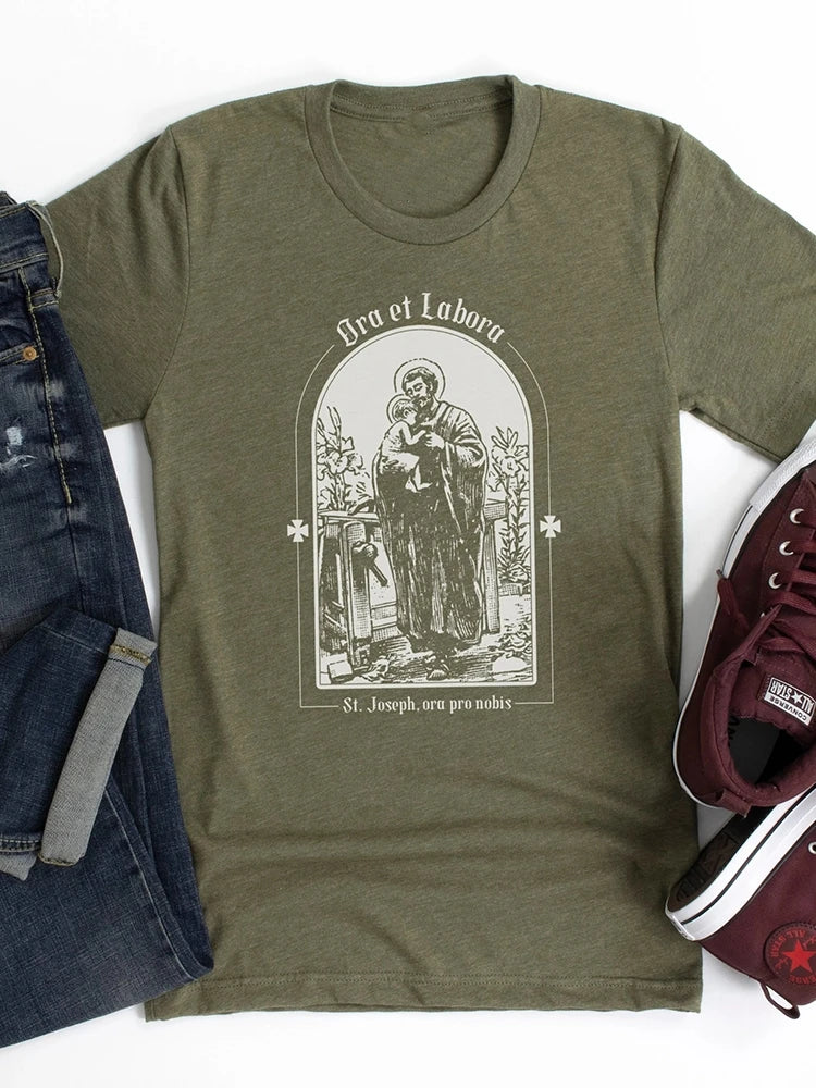 St. Joseph Tee "Ora Et Labora" Latin For "pray And Work" Men's Short Sleeve Tee Catholic T Shirts For Men Men's Casual T-shirt
