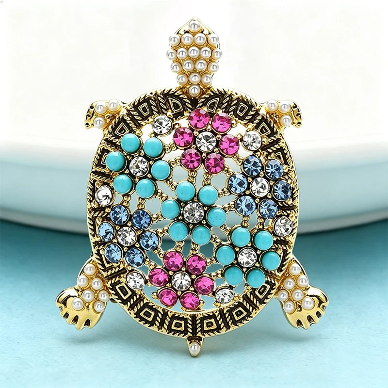 Wuli&baby Vintage Big Turtle Brooches For Women Unisex Rhinestone Swimming Sea Animal Party Casual Brooch Pins Gifts