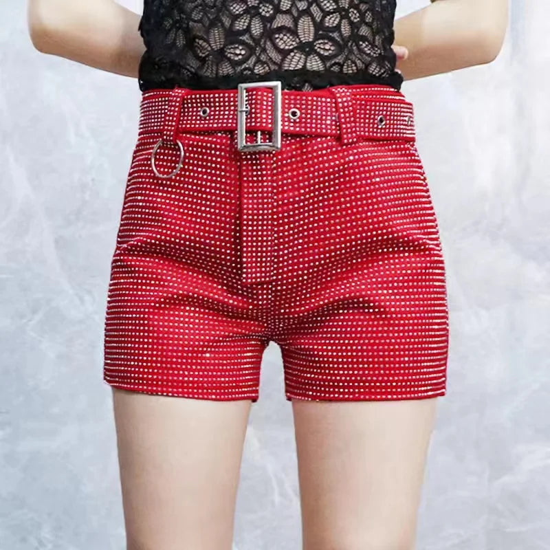 Rhinestone Shorts Women Wide Leg Shorts High Waist Sexy New Fashion Elastic Waist Diamond Casual Hot Pants Female belt