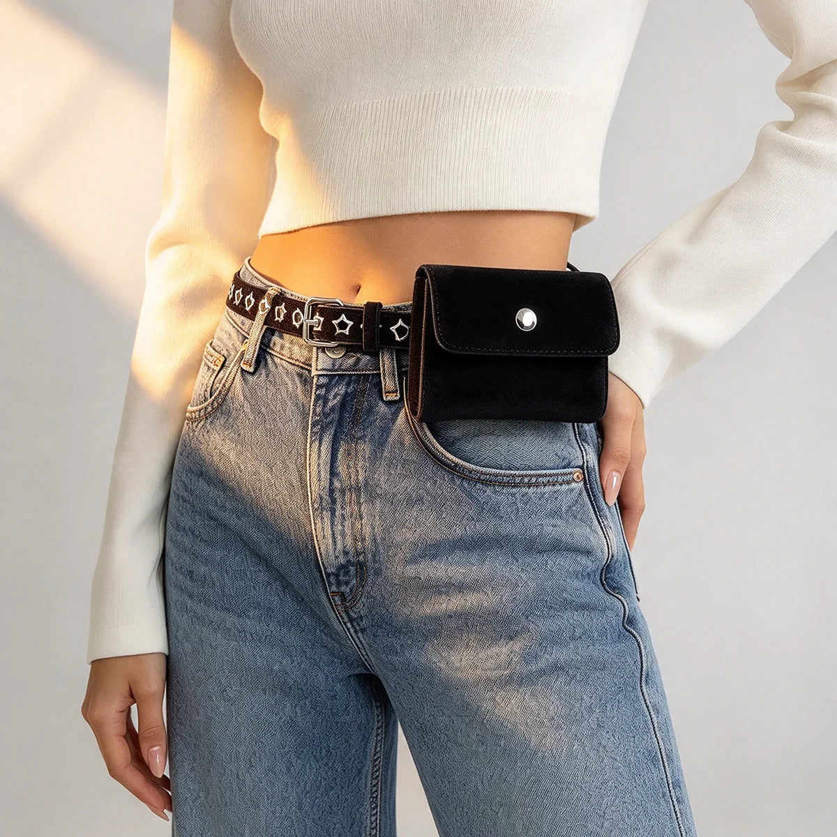 Punk Accessories suede Leather Belt Bag for Women  French Small Purse High-quality Retro Waist Bag Elegant Style Black Brown