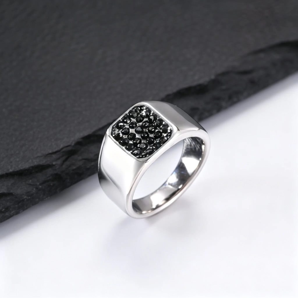 Punk Stainless Steel Signet Ring for Men,Waterproof Black Zircon Square Ring,Hip Hop Trend Jewelry Gift