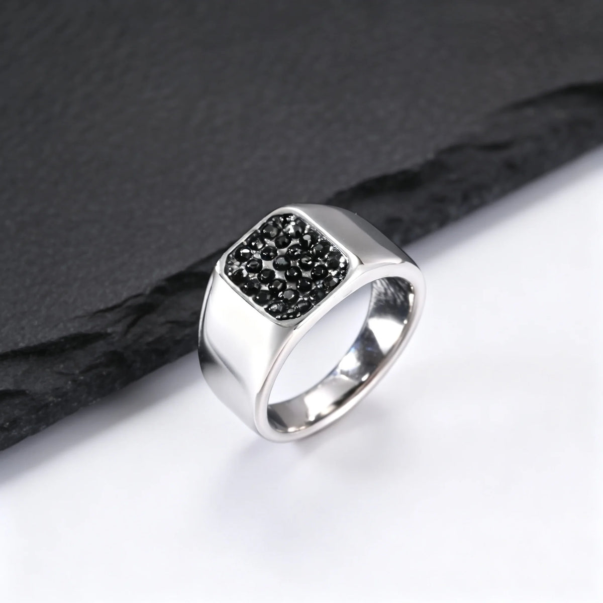 Punk Stainless Steel Signet Ring for Men,Waterproof Black Zircon Square Ring,Hip Hop Trend Jewelry Gift