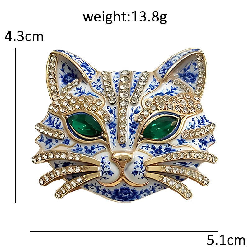 PENDRA Porcelain Cats Blue-and-White Rhinestone Brooch