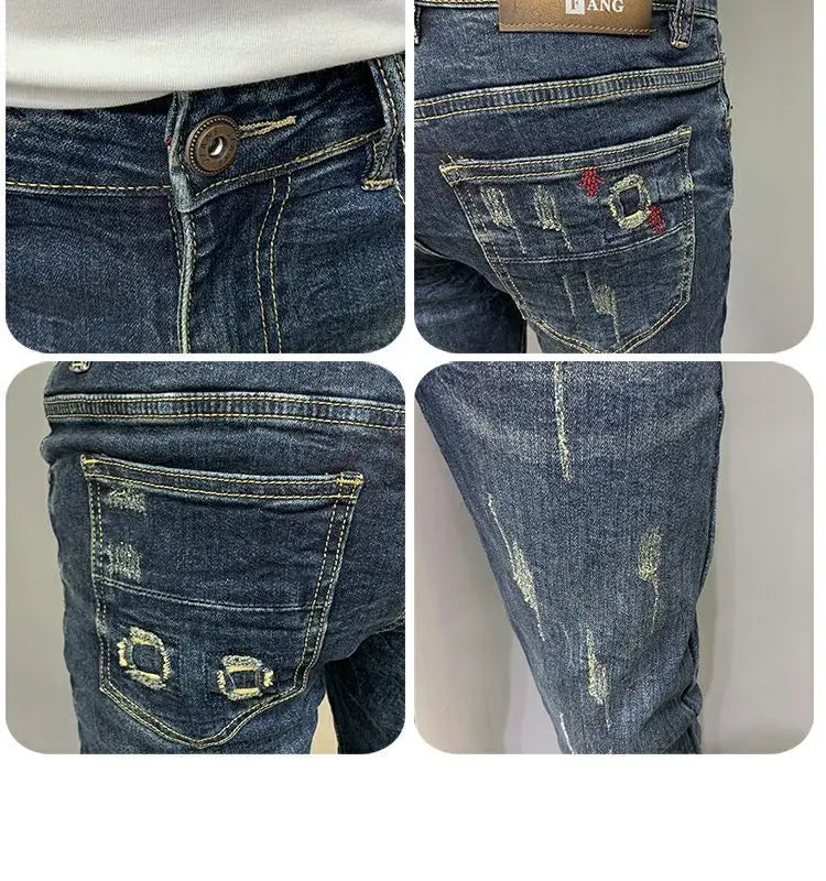 Harajuku Fashion Autumn New Blue Jeans Men's Trendy Brand Scratches Cargo Work Korean Slim-fitting Trousers Luxury Elastic Pants