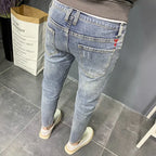 Summer light color jeans men's retro fashion brand embroidery slim fit small feet Korean fashion casual thin nine point pants