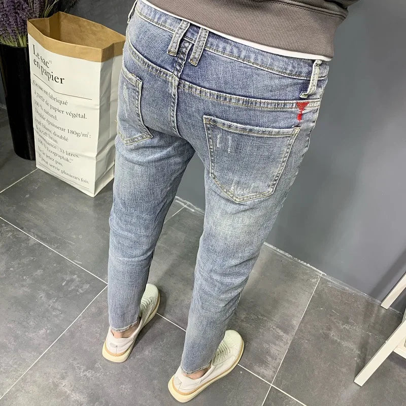 Summer light color jeans men's retro fashion brand embroidery slim fit small feet Korean fashion casual thin nine point pants