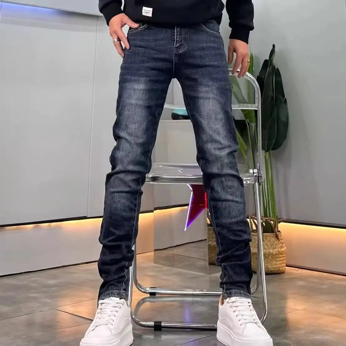 High-end 2026 Dark Blue Foot Zipper Jeans Men's Slim-fitting Small Straight Trendy Fashion Elastic Cargo Casual Trousers Male